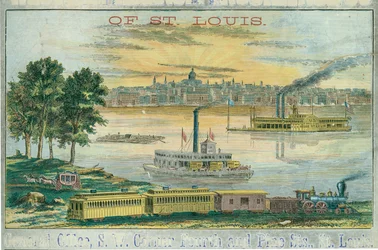 Pohled na St. Louis z východu se zapadajícím sluncem